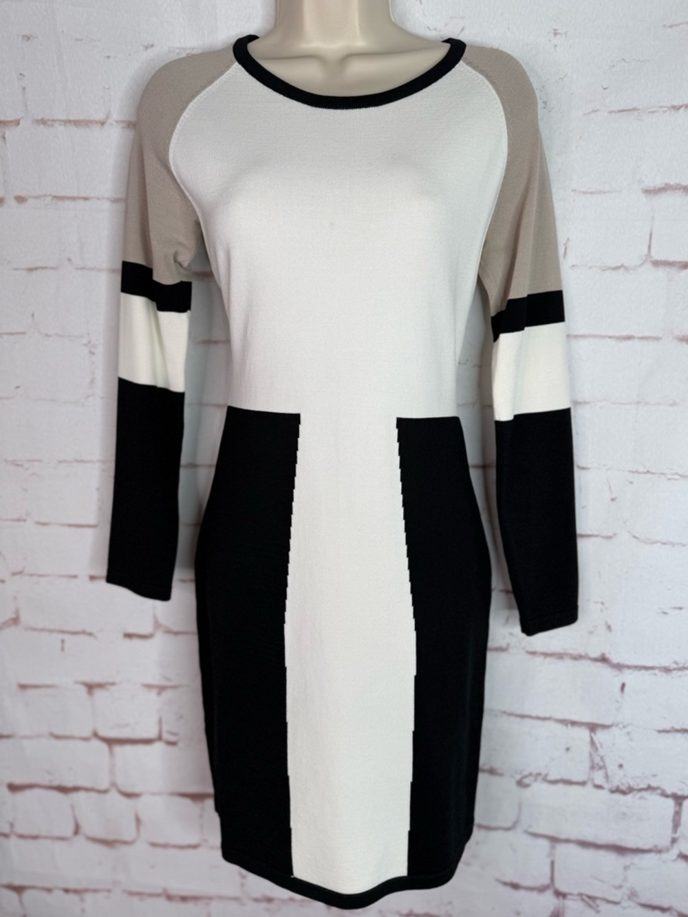 CALVIN KLEIN M Petite Colorblock Knit Long Sleeve Dress Black Taupe Cream MP - Picture 14 of 15